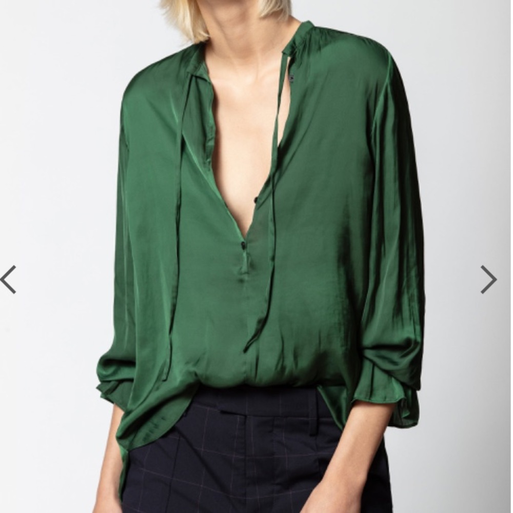 Zadig & Voltaire till satin long sleeve emerald blouse XS button up peasant